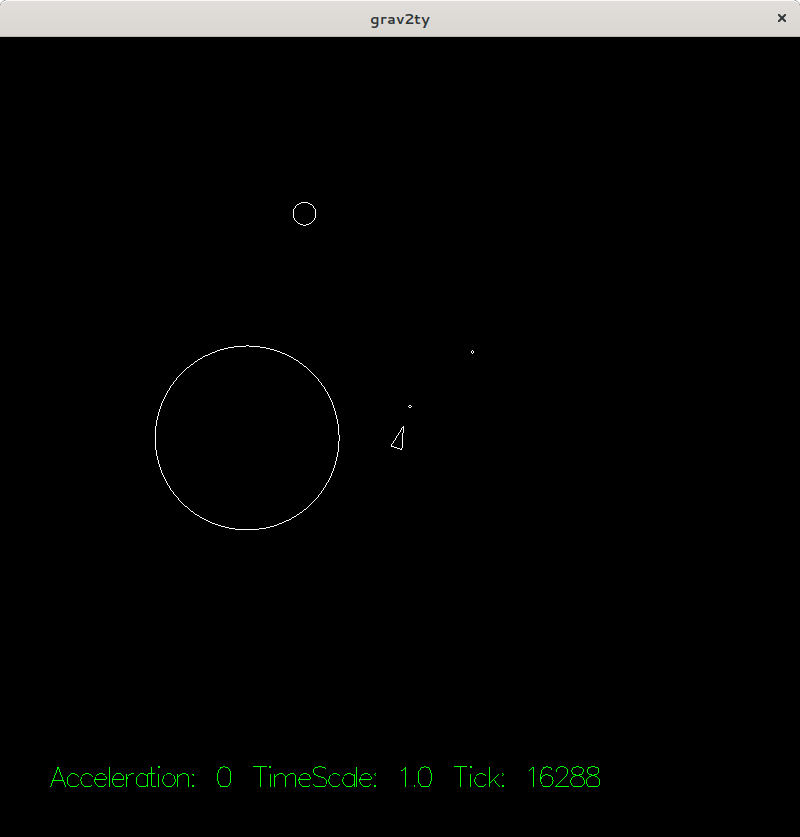 screenshot of grav2ty showing a spaceship, a planet, an asteroid orbiting and two projectiles